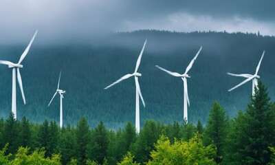 Wind turbines in the forest on a foggy day.