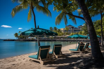 A tranquil beachfront with loungers and palm trees sets the stage