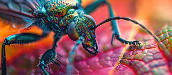 A fly is perched on a colorful flower petal, showcasing intricate details of the insects body and the texture of the flower surface in a close-up shot. The fly explores the leaf surface, creating a