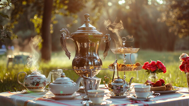 Boiling samovar, tea party outdoor picnic Generative AI