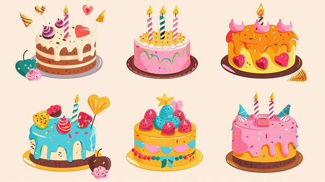 Birthday cakes set vector design. Birthday cake collection with colorful and yummy flavor. Vector illustration party elements collection. Generative AI