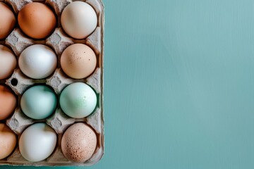 Top view of cardboard container with colorful pastel Easter Eggs on blue background with Copy space. Flat lay Open box with Fresh organic chicken eggs in carton pack