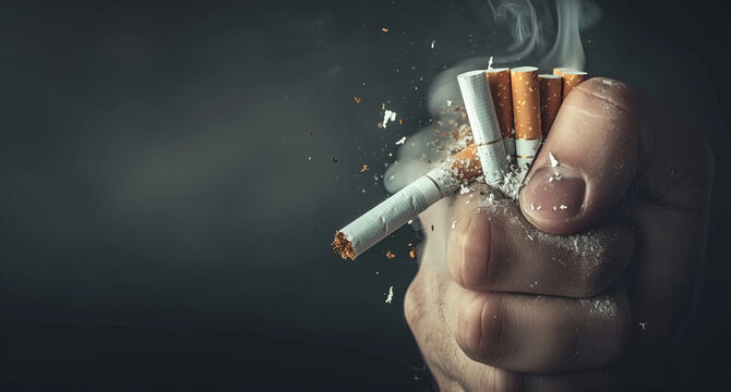 Close up man's hand squeezing a pack of cigarettes, concept of the harm of smoking to health and quitting smoking