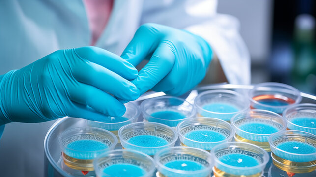 Close-up of the hands of a scientist in a laboratory, working on petri dishes