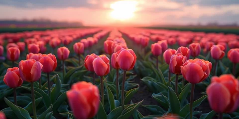 Fotobehang Sunrise Over Orange Tulip Field. Radiant orange tulips basking in sunrise light. © AI Visual Vault