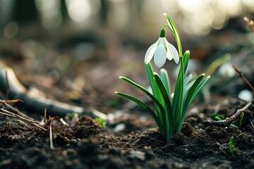 A snowdrop flower is growing in early spring. beautiful springtime nature background, concept of...