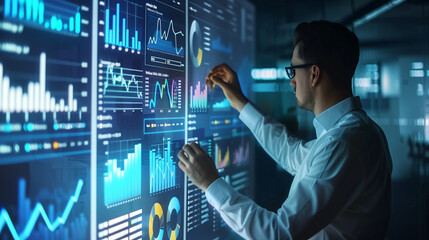 businessman or data analyst analyzing business growth data statics on virtual screen, business analysis virtual graph display, growth strategy, sales marketing digital data