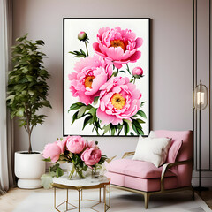 Pink peonies. Watercolor wall art, printable floral poster, vertical home decor for living room