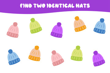 Find two hats of the same color. Logic game for attention. Educational games for children. Set of colorful hats in flat style. Educational cards for children