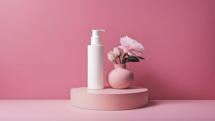 A white dispenser bottle on a pink platform with a pink vase and peonies against a pink background