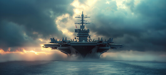 view of a generic military aircraft carrier ship with fighter jets take off during a special operation at a warzone.