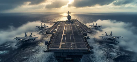 Fotobehang view of a generic military aircraft carrier ship with fighter jets take off during a special operation at a warzone. © Wasin Arsasoi