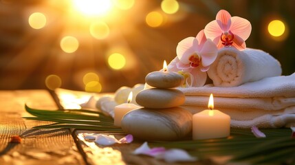 White towels with burning candles, massage stone, orchid flowers, on wooden table, Spa concept