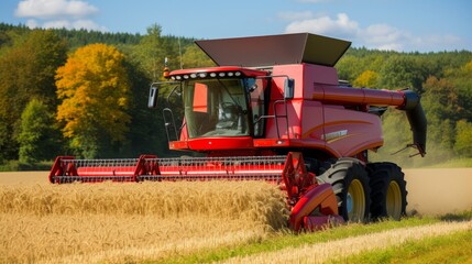 Fototapeta premium Picturesque panoramic view of ripe wheat field being harvested by combine and agricultural machinery