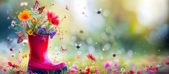 Pink rubber boot with spring flowers inside and butterflies around on bright background, concept of the arrival and celebration of spring, banner with copyspace - obrazy, fototapety, plakaty