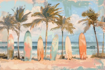 A beach scene with palm trees and surf boards standing up in the sand. Muted colors, soft colors, blue, tan, orange, green, white