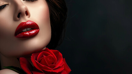 Fototapeta na wymiar Woman with Rose Flower and Red Lips Make up over Black. Elegant Lady Fantasy Fine Art Close up Portrait. Beauty Model Body and Hands Cosmetic Care. Generative AI