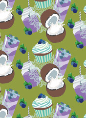 Seamless pattern with coconut and smothie on the green background
