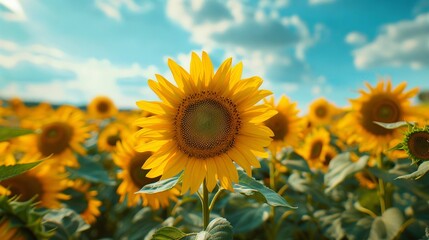 Sunflower Field at Peak Bloom Against Summer Sky

