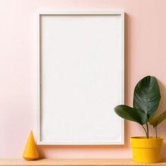 Blank framed poster mockup on pink wall