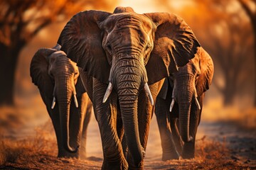 A herd of elephants walking across a dry grass field at sunset with the sun in the background and a few trees in the foreground - obrazy, fototapety, plakaty