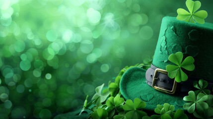 Green leprechaun hat with clover leaves - obrazy, fototapety, plakaty