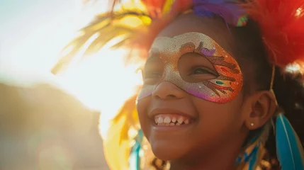 Photo sur Plexiglas Carnaval Close up happy little boy in a carnival bright colored mask with feathers participates in a parade at the carnival with copyspace for text