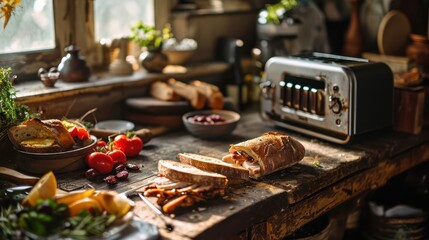 rustic kitchen setting with a toaster working on baguette slices, serving as a base for a gourmet smoked turkey breakfast