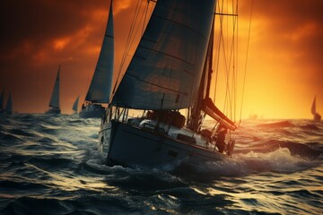 a sailor driving an elegant yacht during a regatta, against the background of other boats - obrazy, fototapety, plakaty