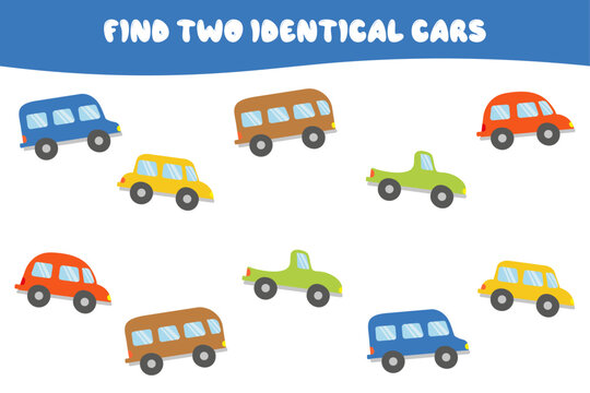 Find two cars of the same color. Logic game for attention. Educational games for children. Set of colorful cars in flat style. Educational cards for children