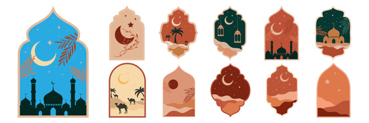 Mosque Silhouette Vector Digital Craft Isolated and Paper Art Style set. Suitable for Ramadan or Eid Greeting, Background window and Islamic Celebration