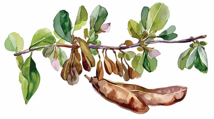 Watercolor carob branch with pods and leaves. Flowerin - obrazy, fototapety, plakaty
