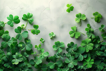 A bunch of green shamrocks displayed on a white wall, creating festive St. Patricks Day symbols, copy space