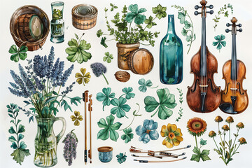 A painting featuring a variety of musical instruments alongside colorful flowers, capturing the essence of a festive celebration, pattern - obrazy, fototapety, plakaty
