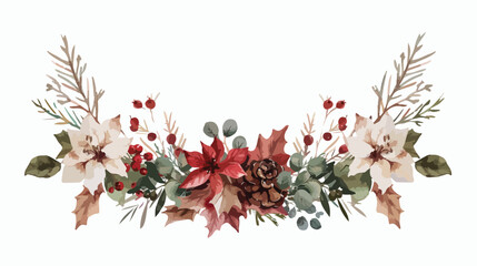 Watercolor wreath with winter flowers and leaves.
