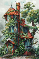 A painting of a house adorned with lush green vines growing on its exterior walls, St. Patrick's Day