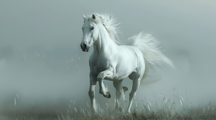 Ethereal Monotone The Majestic White Arabian Horse Rearing on Back Legs, generative ai