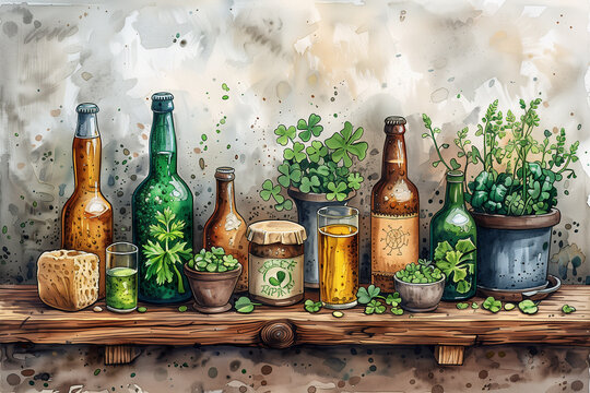 A painting depicting bottles and plants arranged on a shelf, copy space, St. Patrick's Day