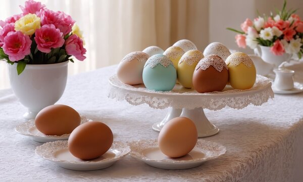 Easter eggs on a white tablecloth with flowers in the background