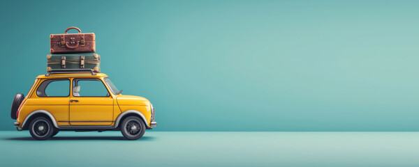 Cute little yellow car on a blue background with luggage on top. Vacation concept banner with copy space for your text	