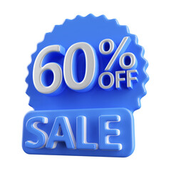 60 percent off sale with sticker blue 3d render