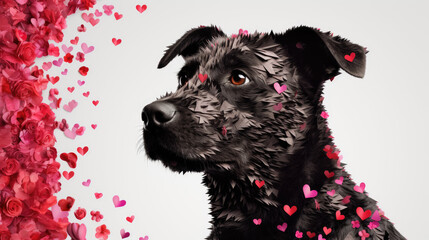 A cute black puppy  with heart shaped flowers Patels floating around it 