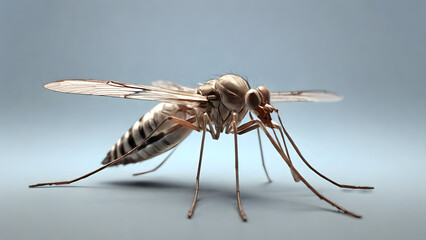 A detailed close-up of a mosquito set against a minimalist gray backdrop. - obrazy, fototapety, plakaty
