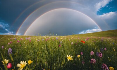 Naklejka premium Colorful flowers in the meadow with rainbow in the sky.