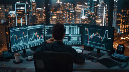 Group of traders analyze stock market with multiple screen display stock graphs.commodities trades,day traders. - obrazy, fototapety, plakaty