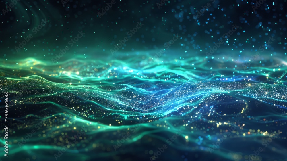 Poster digital art of undulating waves filled with sparkling blue particles, simulating a dynamic, illumina