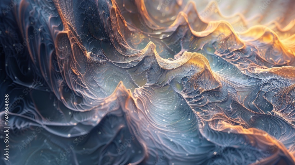 Poster close-up image showcasing the subtle interplay of light and shadow on bronze and blue fractal waves,