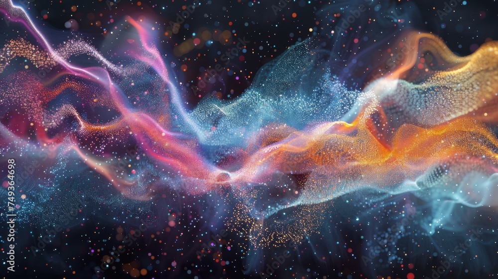 Poster digital art capturing the swirling motion of cosmic dust and nebulae, rendered in a spectrum of vivi