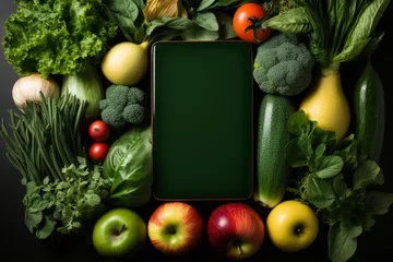 Foto op Plexiglas The balance of nutrition. A human hand holding a smartphone with space for text and images. Application, calories and nutrients for diet and healthy eating © anwel