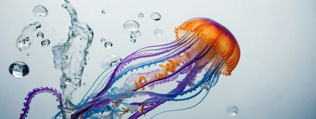 Obraz na płótnie Canvas A colorful and brilliant jellyfish gracefully glides through crystal-clear water against a white background.